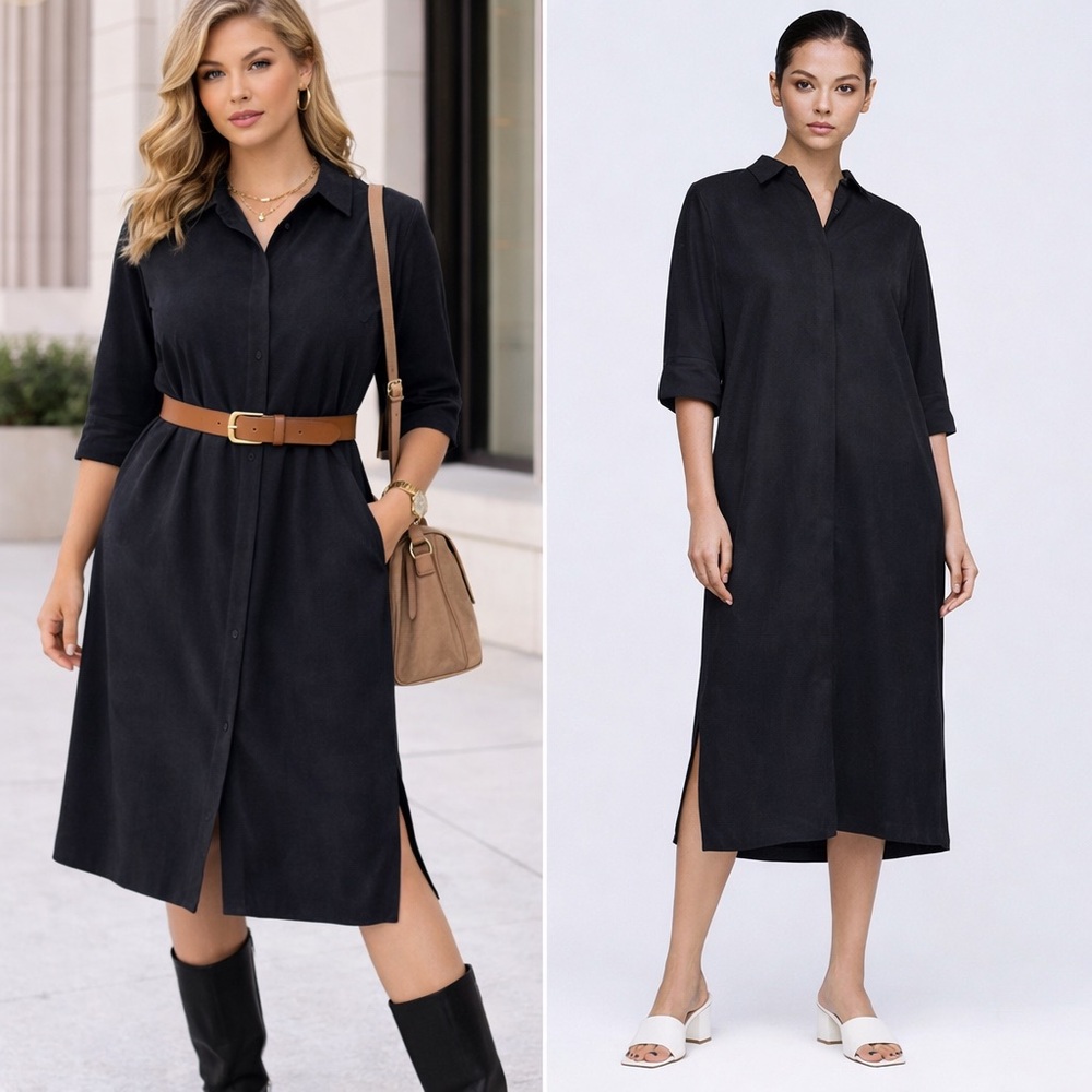 DO+BE Black Faux Suede Midi Shirt Dress Size S Minimalist Runway‎ Chic Classic